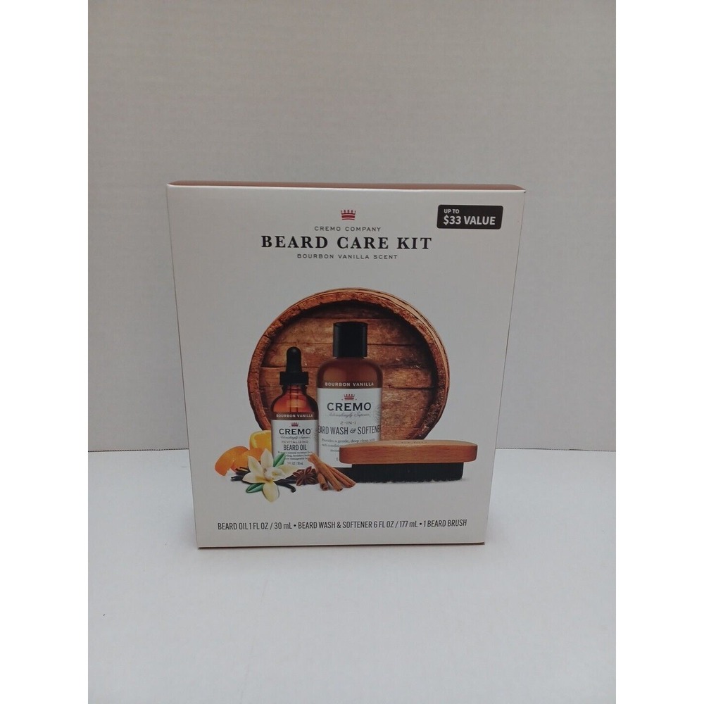 Cremo 3-pc Men's Beard Grooming Kit, Wash/Softener, Oil, Brush, Bourbon Vanilla